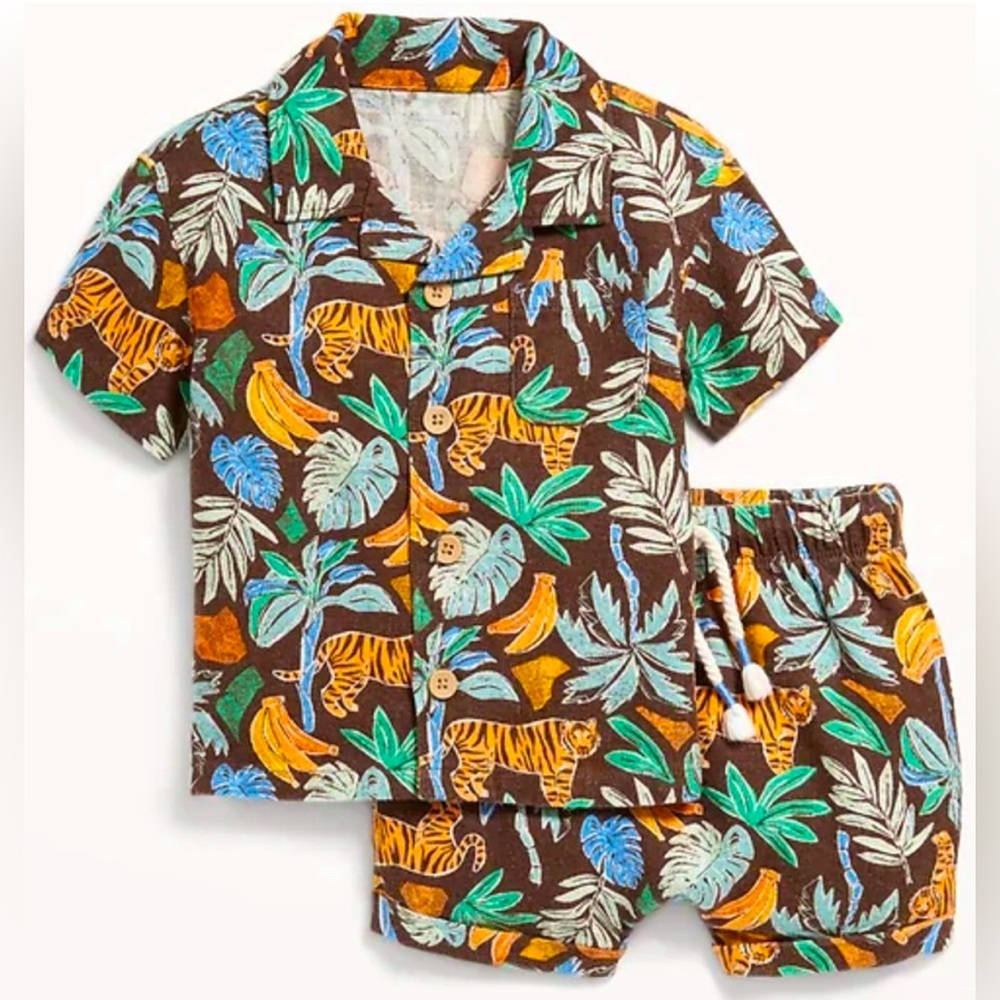 Old Navy Linen Blend Tropical Tiger Print Baby Outfit Set Size 0-3 M